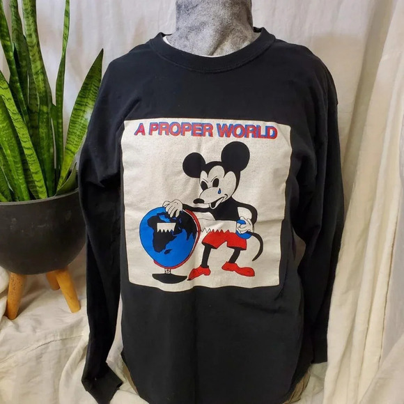 Proper World black Long Sleeve deranged Micky Shirt Men's size Large G8 - Picture 1 of 3